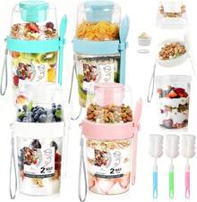 ¡Recomendado4 tazas de yogur de cereales con tapa y cuchara(Más 3 cepillos de limpieza),Recipientes de Avena 300 ml + 500 ml,a prueba de fugas, de yogur portátil, de harina de avena reutilizable¡Top de Temporada - 1 - Ver 3