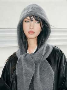 1 pezzo Berretto balaclava da donna di colore unito, cappello lavorato a maglia spesso e caldo con protezione per le orecchie, set elegante e casual retrò di berretto e sciarpa versatile, adatto per uso all'aperto, sci, ciclismo, viaggi, feste, uso quotidiano in autunno/inverno