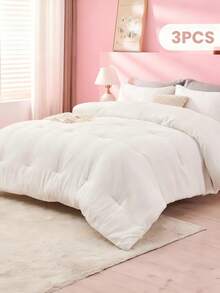 3pcs Comforter Set, Bedding, Halloween Decor, Fall Decor, Cozy And Warm Bedding, Solid Color, Easy Care And Comfortable, Breathable Bed Set, For Full, King, Queen Bed Sizes, Suitable For Bedroom, Guest Room, Dormitory, All Seasons, Halloween Gift, Machine Washable, 1 Comforter And 2 Pcs Pillowcases. - trắng - Xem 8