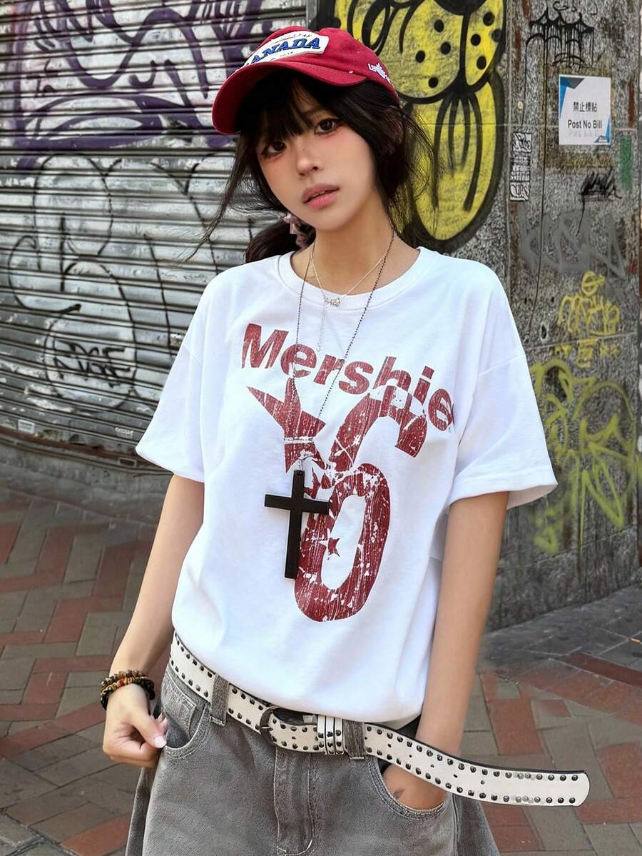 Round-Neck Short-Sleeve T-Shirt, Summer New Star Pattern And Letter Print, Fashionable Casual Loose Women's Top - White - View 1