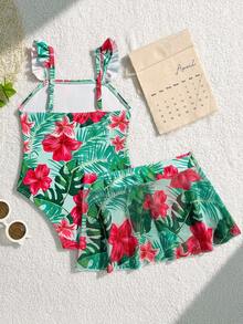 2件套 女童热带植物印花泳衣和网纱裙 - 彩色 - 查看 2