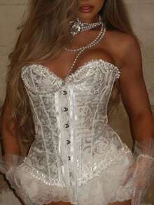 Apperloth A Áo corset kiểu Gothic in họa tiết Jacquard, thắt dây phía trước, có bèo nhún, hở lưng, phù hợp cho phụ nữ cỡ lớn đi dự tiệc rave, lễ hội âm nhạc, đám cưới, tiệc tùng, màu trắng mùa hè. - trắng - Xem 3