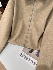 Manteau décontracté élégant de mode d'hiver pour femmes, nouvelle année, couleur unie, épaules tombantes, manches longues, fermeture éclair - Beige - Voir 7