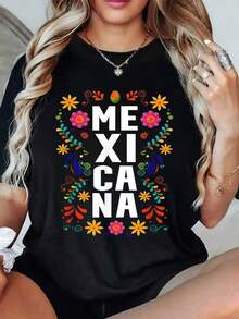 Camiseta de mujer con estampado de letras, ropa de verano, casual y cómoda - Negro - Ver 12