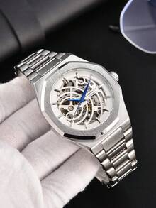 LONGLUX 1pc Men's Hollow Automatic Mechanical Watch With Butterfly Buckle Steel Strap, Minimalist & Fashionable For Daily Wear, Suitable As Holiday Gift