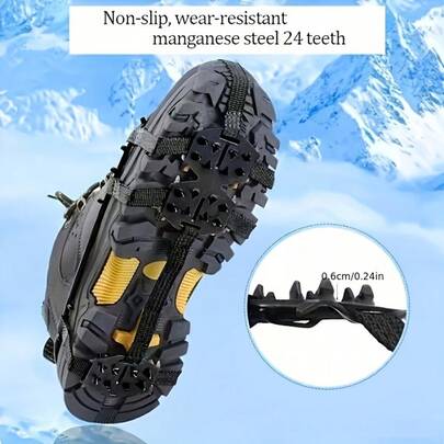 1 set slitstarka manganstål halkfria skokedjor för is och snö, 24 tänder för bra grepp, universell passform för vintervandring, klättring och utomhusaktiviteter, lämplig för olika tillfällen
