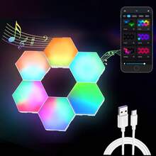 6 Pack Smart Hexagon Lights, DIY Hexagon LED Light With App & Remote Control Music Sync RGBIC Wall Light Panels For Gaming Room, Bedroom, Living Room Decor - 6 包 - 查看 9