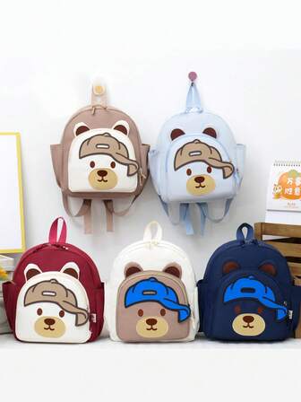 1pc Unisex Cartoon Bear Backpack, Nylon Zipper Closure, Cute Multi-Pocket Daypack, Suitable For All Seasons