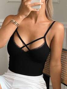Livesso Lace Trim Cropped Camisole Top For Summer Going Out Tops - Black - View 1