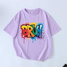 Teen Girls Graffiti Letter Print Short Sleeve T-Shirt, Casual Fashion Girls Clothing - Mauve Purple - View 2