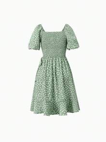 Mommy And Me Green Polka Dot Dresses Puff Sleeve Wrap Dress For Mom, Girl, And Baby, Ruffle Hem Family Matching Outfit - 綠色 - 查看 3
