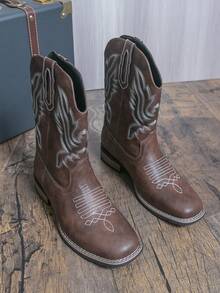 Unisex Couple Western Cowboy Boots | Black Embroidered Mid-Calf Retro Boots | Non-Slip Sole - For Men & Women Daily/Street Wear