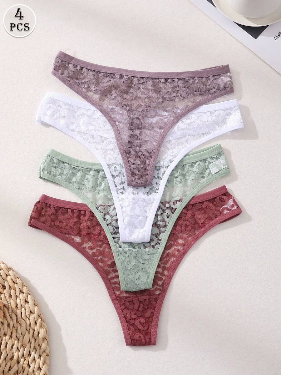 4pcs/Pack Women's Sexy Lace Leopard Print Thong Panties, Low Waist Seamless Underwear - Multicolor - View 1