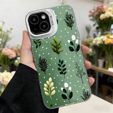 Cubierta de teléfono con diseño floral verde con hojas y puntos blancos para mujer elegante para uso diario en floristerías y eventos sociales Aplicable a los teléfonos de la serie Apple y Galaxy - Negro - Ver 3