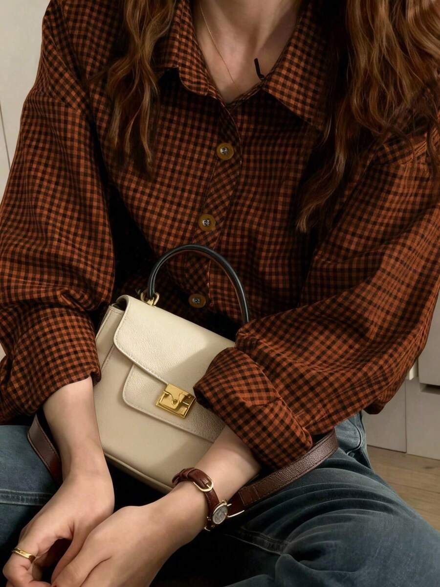 Women's Casual Plaid Long Sleeve Shirt, Button Front Dropped Shoulder Blouse Top, Regular Fit Woven Fabric Spring - Orange - View 1