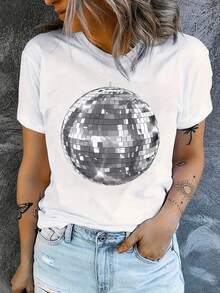 Dancing Disco Ball Printed T-Shirt For Ladies - The Latest Casual Round-Neck Short-Sleeved T-Shirt, Suitable For All Seasons, Disco Party Outfit; Vibrant Printed T-Shirt; Creative Gift - 白色 - 查看 1