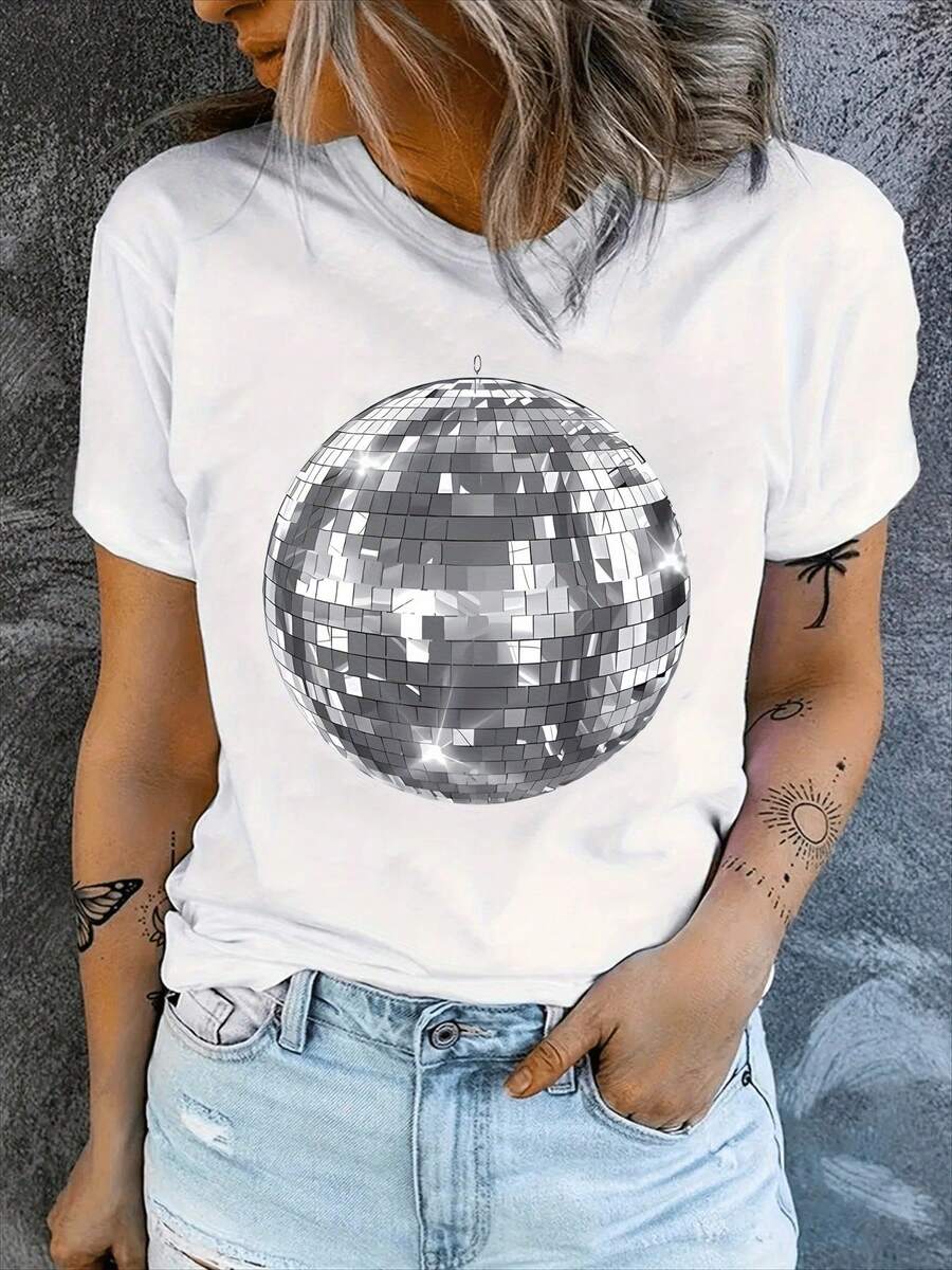 Dancing Disco Ball Printed T-Shirt For Ladies - The Latest Casual Round-Neck Short-Sleeved T-Shirt, Suitable For All Seasons, Disco Party Outfit; Vibrant Printed T-Shirt; Creative Gift - 白色 - 查看 1