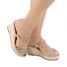 Women's Ankle Strap Wedge Sandal With Rhinestone Straps – Comfort And Elegance. Sizes 33 To 43. - Gold - View 2