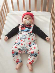 Conjunto de bebé para San Valentín: mono de manga larga con estampado de letras, pantalones con tirantes y gorro con estampado de corazones. - Negro - Ver 3