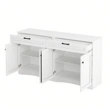 Meuble de Rangement 160x40x85 cm - Buffet de Salon avec 2 Tiroirs - Table d'Appoint au Design Courbé et Poignée Noire - 2 Grands Compartiments Fermés - 7 Espaces de Rangement au Total - Blanc - Voir 9