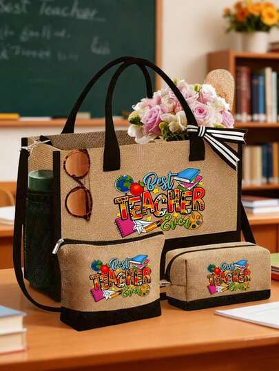 Floral Print Fashion Shoulder Bag Tote Bag And Makeup Bag Set, Teacher Letter Flower Design,Book, Apple And Earth Pattern,Reusable Grocery Shopping Tote Bag And Makeup Bag,Tote Bag With Shoulder Straps&A Makeup Bag