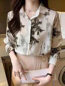 Women's New Arrival Elegant Printed Casual Shirt, Long Sleeve Design, Suitable For Daily Wear And Vacation - White and Green - View 2