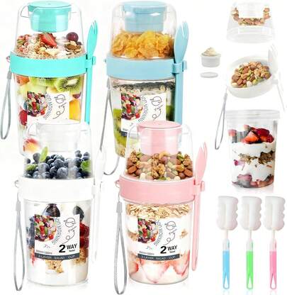 ¡Recomendado4 tazas de yogur de cereales con tapa y cuchara(Más 3 cepillos de limpieza),Recipientes de Avena 300 ml + 500 ml,a prueba de fugas, de yogur portátil, de harina de avena reutilizable¡Top de Temporada