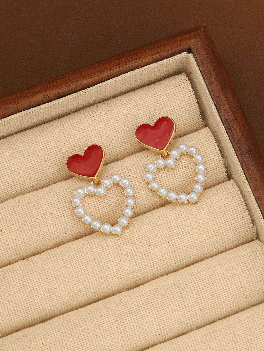 1 Pair Fashionable Minimalist Delicate Heart Patchwork Earrings, Versatile - Multicolor 3 - View 1
