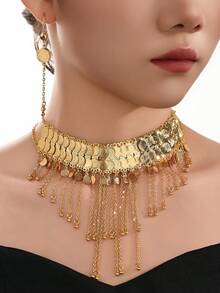 24K 镀金空心球形设计耳环和项链套装，时尚女士，适合派对、婚礼、礼服、日常或休闲穿着