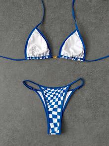 女士时尚格子印花优雅比基尼套装，性感吊带沙滩度假夏季装 - 藍色 - 查看 2