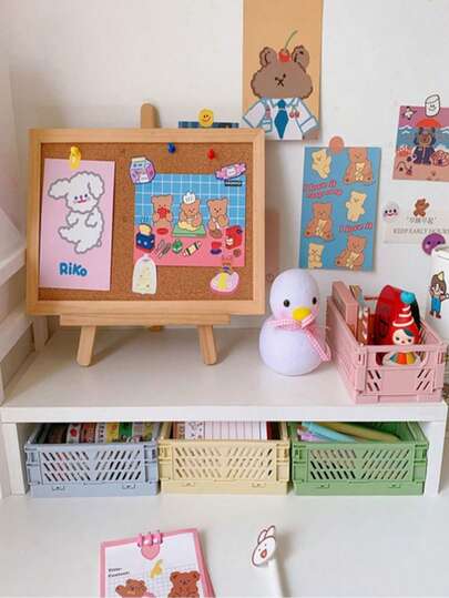 1pc Plastic Makeup Organizer Box, Foldable Student Stationery & Sundries Storage Basket