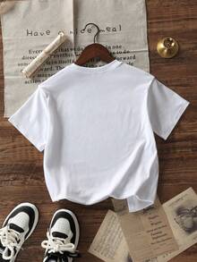 Camiseta de cuello redondo de manga corta con estampado informal para niños preadolescentes, top de verano - Blanco - Ver 4