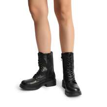 Women's Mid-Calf Combat Motorcycle Boots, Side Zipper Classic Chunky Heel, Lace-Up, Holiday Commuting Winter Shoes - màu đen - Xem 3
