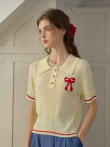 Simple Retro 女士春夏撞色3D花卉图案Polo领修身短袖上衣，优雅米色 - 米黃色 - 查看 5
