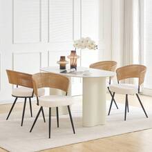 Rattan Dining Chairs Set Of 4,Farmhouse Upholstered Teddy Cushion With PE Cane Round Back Kitchen Chair,Mid Century Modern Dining Room Chair With Black Metal For Kitchen,White - 米色 - 查看 8