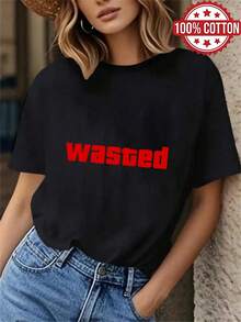 1PC 100% Cotton Wasted Letter Print Relaxed Fit Crew Neck Graphic Tee Casual Short Sleeve TShirt For Women 79 - Negro - Ver 1