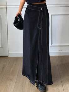 Livesso 女士休闲简约纽扣牛仔A字裙 长款牛仔裙 裹身牛仔裙 裹身牛仔裙 裹身长裙 - 藍色 - 查看 4