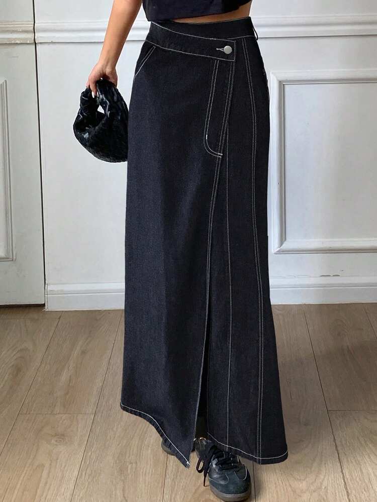 Livesso Falda vaquera larga de línea A con botones, falda vaquera larga, falda vaquera envolvente, falda vaquera envolvente larga - Azul - Añade 4