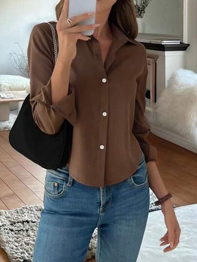 EARO Camisa de satén marrón elegante para mujer, de manga larga con botones, con dobladillo curvo ajustado, adecuada para ir al trabajo, citas, y ocasiones casuales