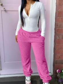 Men's Solid Color Pocket Simple Warm Fleece Pants, Casual Daily Wear - Hot Pink - View 2