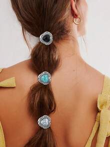 3pcs Zinc Alloy Western Cowboy Cowgirl Style Retro Elegant Turquoise Heart Agate Silvery-Decorated Hair Rope Rubber Band ,Ponytail ,Hair Elastics ,Scrunchies ,Elastic Hair Tie