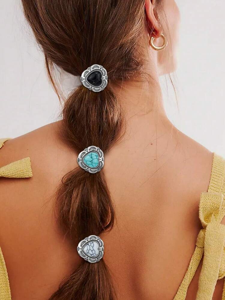 3件套锌合金西部牛仔女郎风格复古优雅绿松石心形玛瑙银色装饰发绳橡皮筋，马尾辫，发圈，发绳，弹性发带 - 彩色 - 查看 5