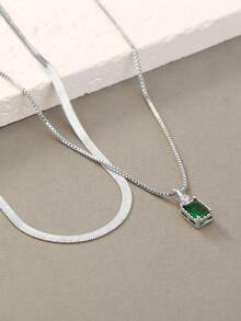 Nooxian 2 chiếc vòng cổ đồng mặt vuông đính đá Zirconia dành cho nữ - Bạc - Xem 5