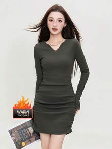 JUTU Double-Sided Velvet Elegant V-Neck Women's New Year Dress 2025, Fitted Slim Long Sleeve Skirt For Winter - 246 Earth Gray - View 3