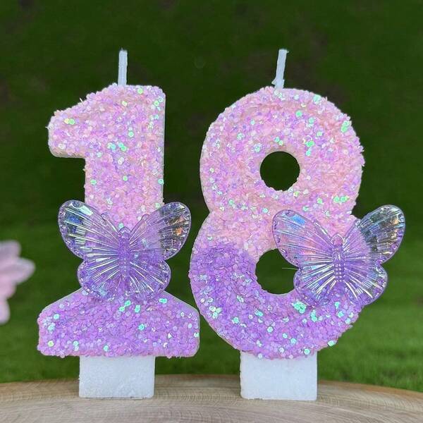 1pc Numeric Birthday Candle, Butterfly Decorated Birthday Cake Candle, Purple Glitter Cake Decor, Suitable For Girls And Ladies Anniversary Celebration