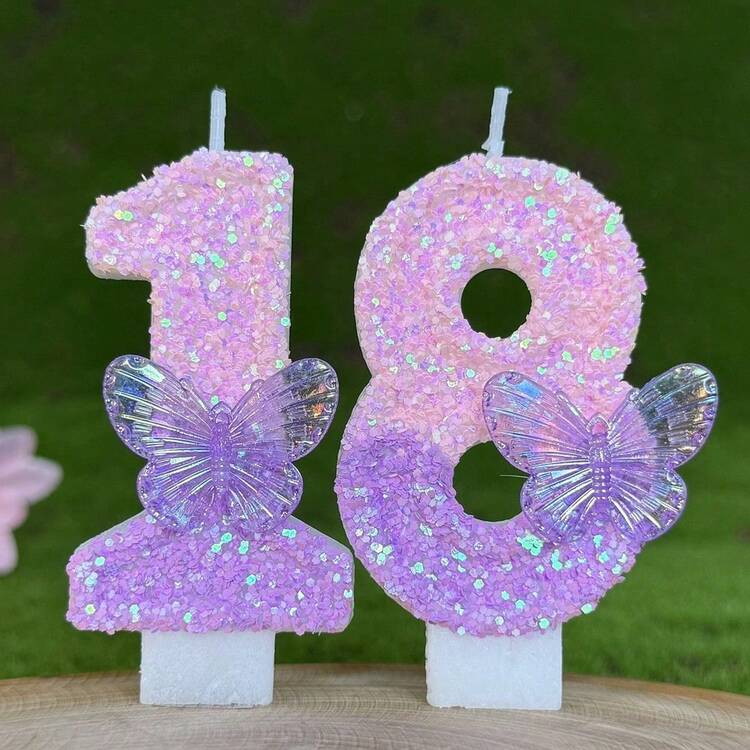 1pc Numeric Birthday Candle, Butterfly Decorated Birthday Cake Candle, Purple Glitter Cake Decor, Suitable For Girls And Ladies Anniversary Celebration - Light Purple - View 1