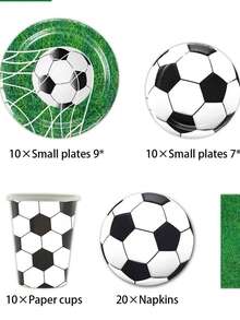 这款50/51件套足球主题一次性餐具套装包含10个餐盘、10个甜点盘、10个纸杯、20张餐巾纸、1张桌布和1条横幅。这套便捷的餐具套装适用于露营、野餐、花园烧烤、婚礼和生日派对等场合。 - 彩色 - 查看 4