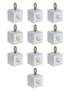 10pcs Eid Mubarak Cube Gift Boxes With Gold Braided Handles, Gold Crescent & Star Print + "Eid Mubarak" Arabic Calligraphy, Assorted Colors (Green/Brown/White), Ideal For Eid Al-Fitr Celebrations, Islamic Festival Favors, Wedding Gifts & Party Packaging