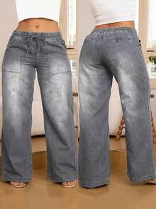 大码女式休闲牛仔裤，时尚百搭，后袋抽绳松紧腰直筒弹力牛仔裤，春季款 - 灰色 - 查看 2