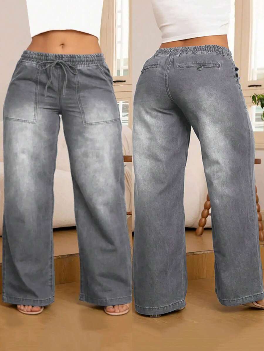 大码女式休闲牛仔裤，时尚百搭，后袋抽绳松紧腰直筒弹力牛仔裤，春季款